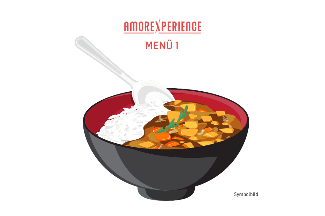 Menü 1: Curry Geschnetzeltes + Getränk + Obst